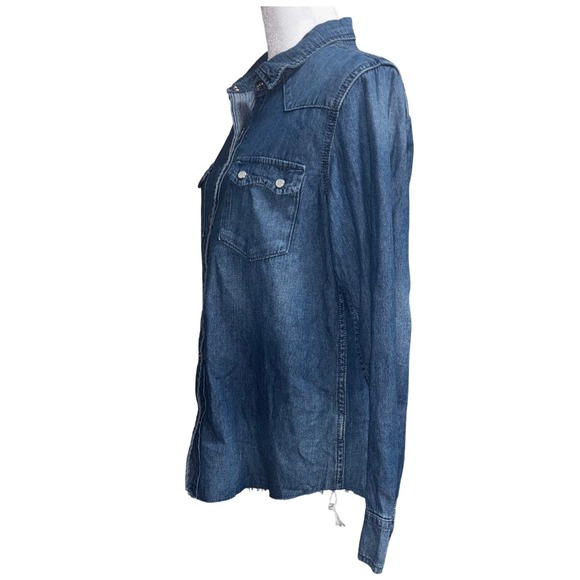 Lucky Brand Small Western Denim Medium Wash Pearl Snap Raw Hem Long Sleeve Shirt - Picture 3 of 8